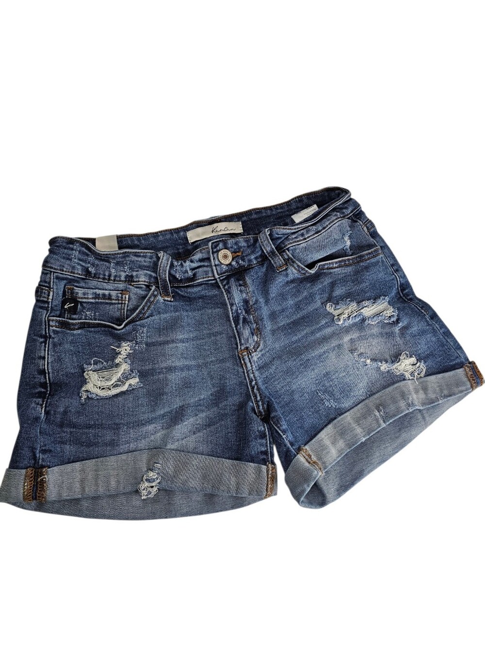 Kancan Distressed Rolled Cuff Denim Shorts - Medium Blue, Sz 28, W9